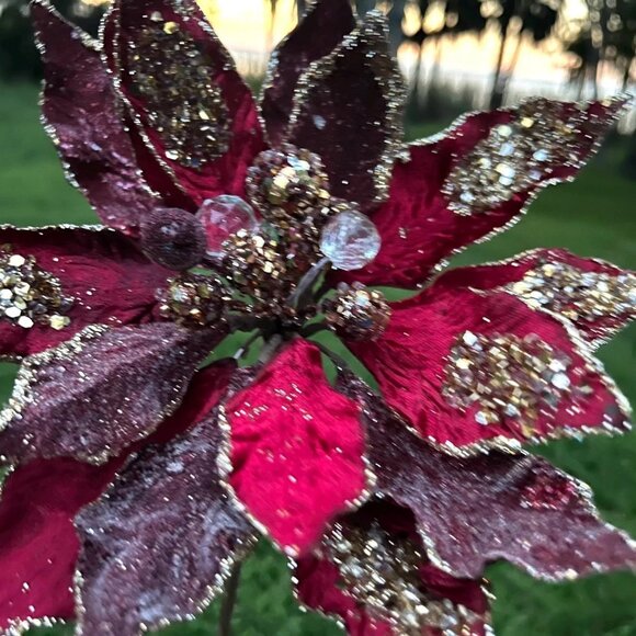 Glitter Edge Jewel Poinsettia Stem Home Christmas Tree Decoration Craft Supplies - Picture 10 of 10
